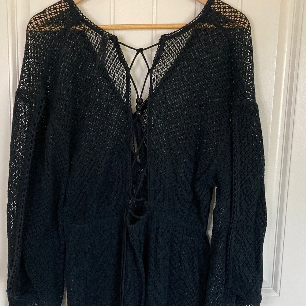 By Anthropologie Black Open Knit Midi Swim Cover Size M Bell Sleeve Boho‎ Resort